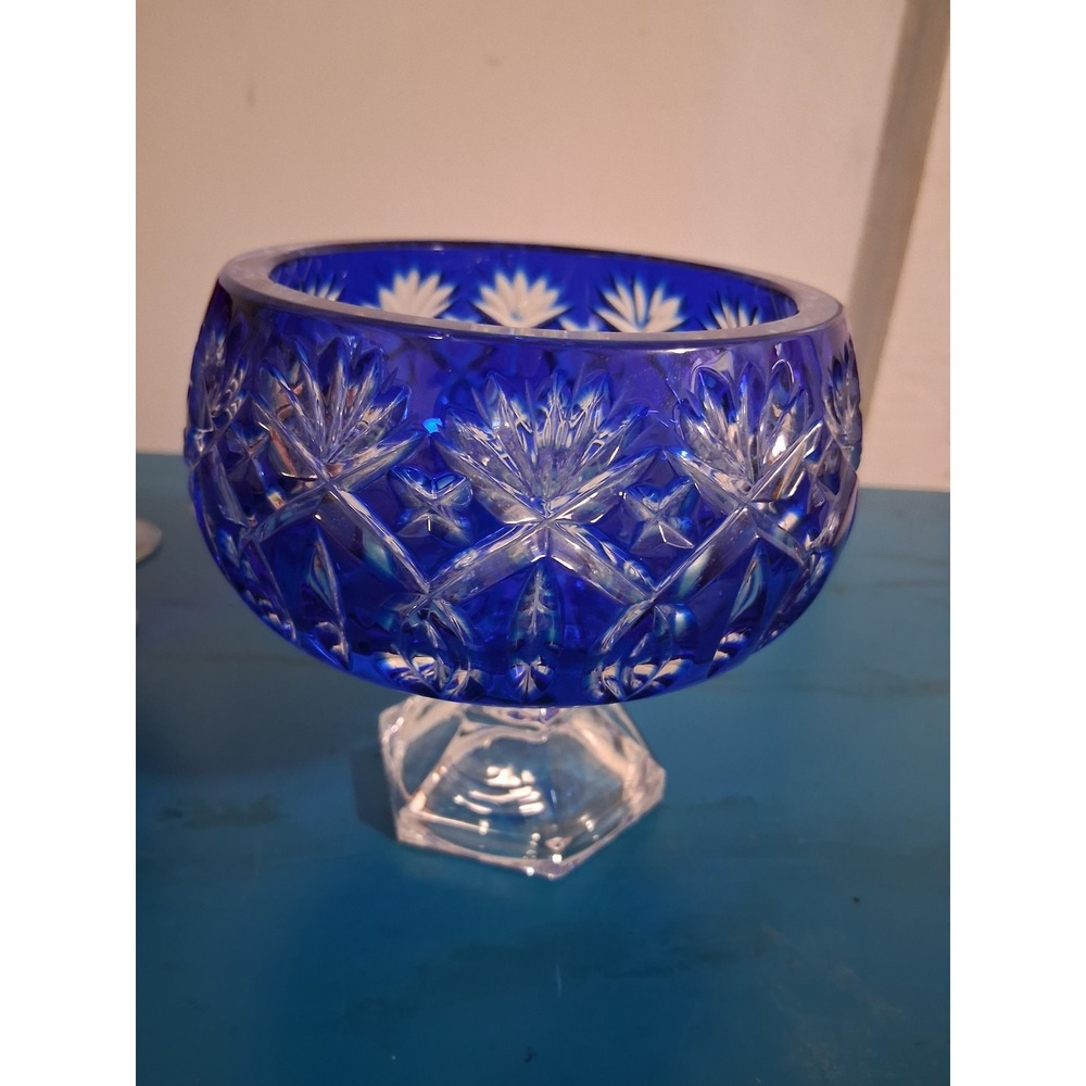 Vintage bohemian Cobalt Blue Cut to Clear Crystal Compote  Bowl Starburst 5"